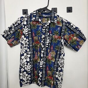 Blue and White Casual Button Down Shirt with Floral Design Boy Size 14